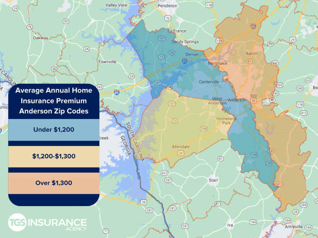 map showing average home insurance premiums by zip code in Anderson, South Carolina