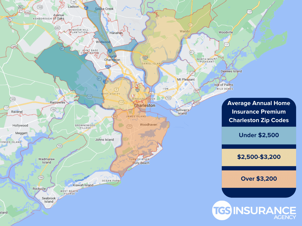 map displaying average home insurance premiums in Charleston, South Carolina by zip code