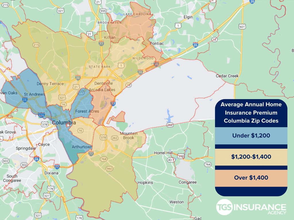 map showing the average home insurance premium in Columbia, South Carolina, by zip code