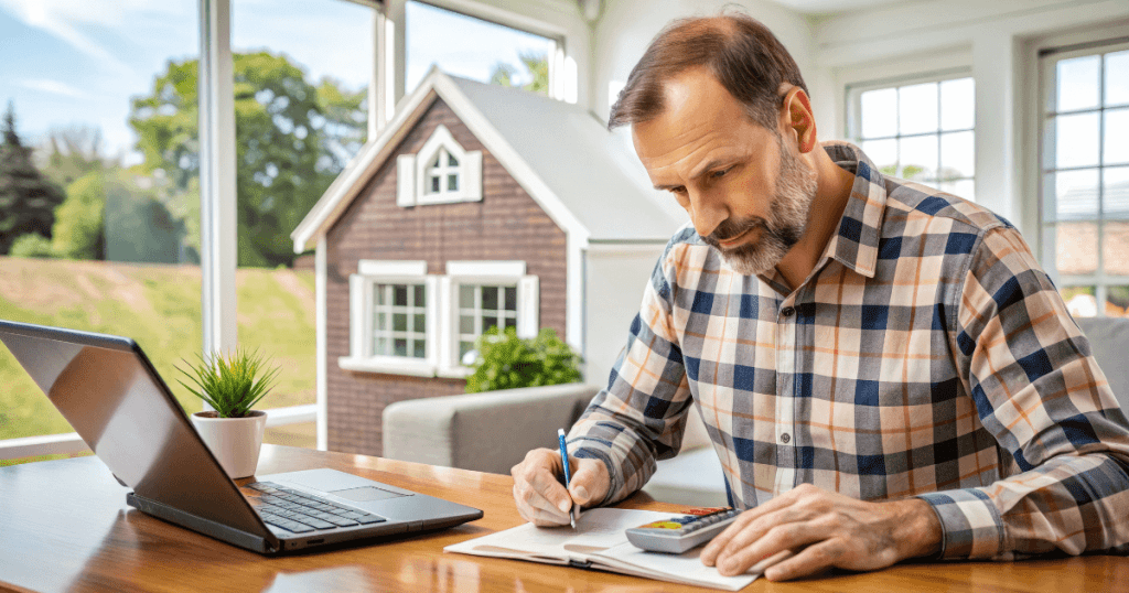  Man sitting at his desk looking at documents comparing home insurance quotes.