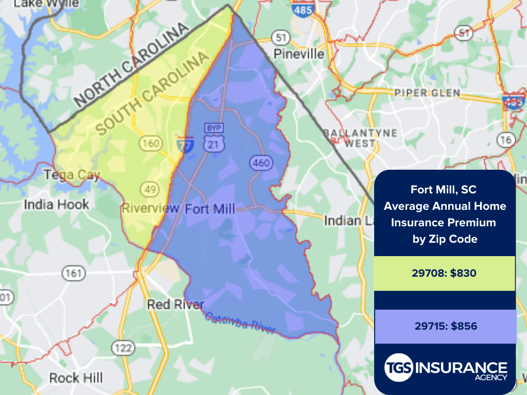 map showing average home insurance premiums by zip code in Fort Mill, South Carolina