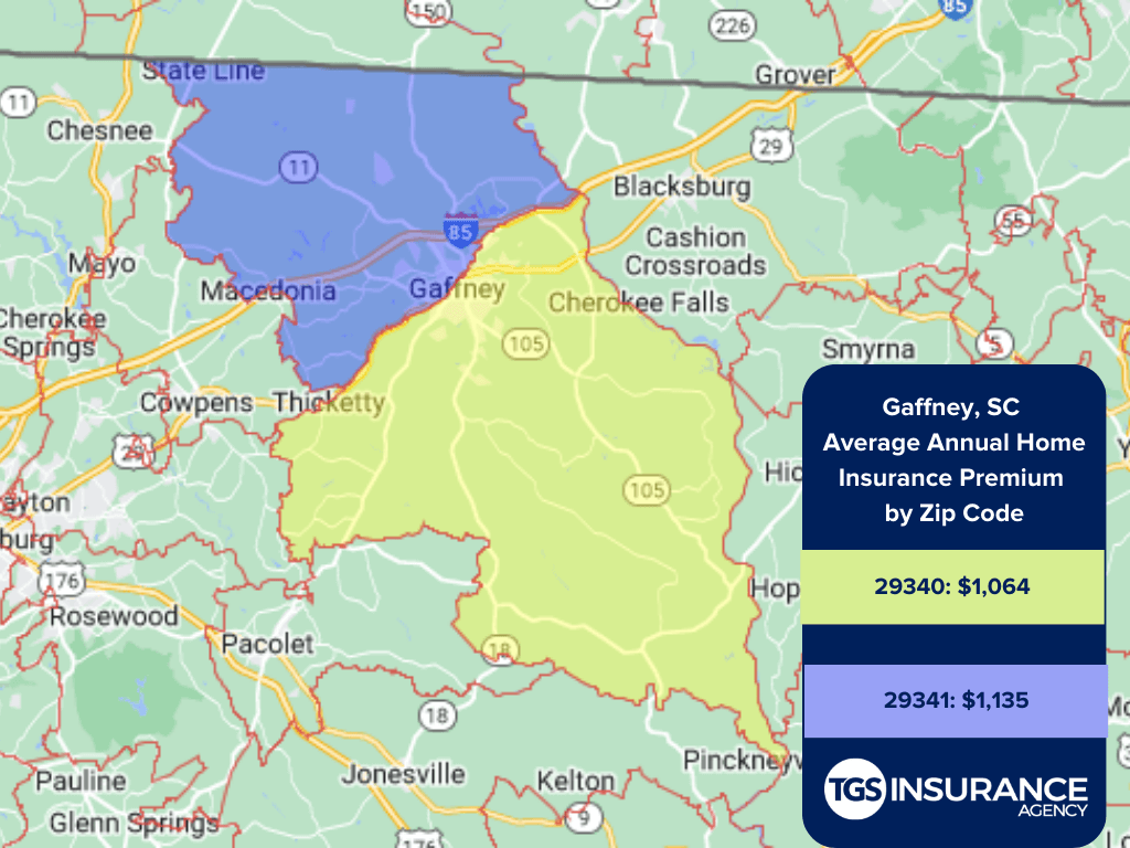 map showing average home insurance premiums by zip code in Gaffney, South Carolina