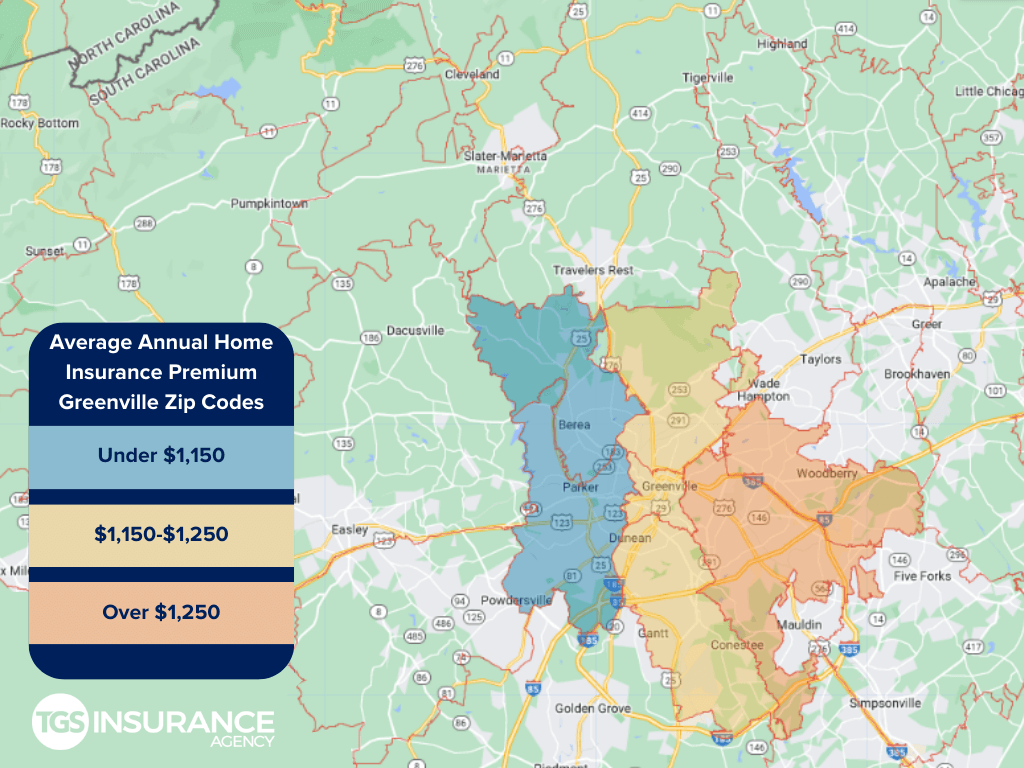 map showing average home insurance premiums by zip code in Greenville, South Carolina