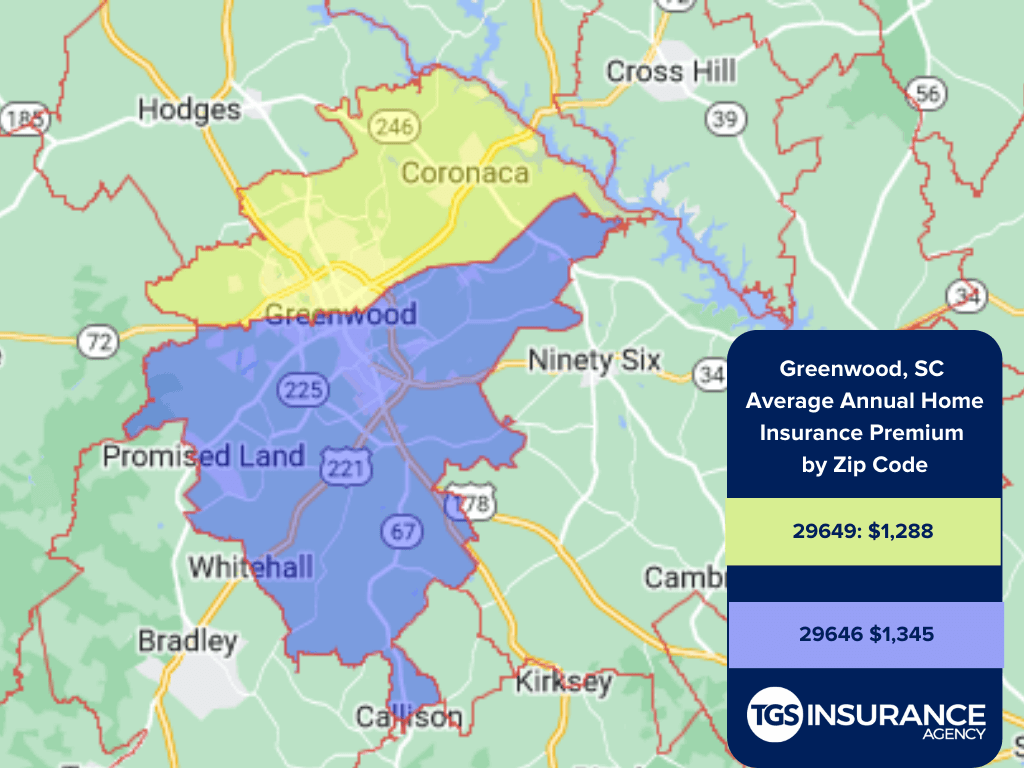 map showing average home insurance premiums by zip code in Greenwood, South Carolina