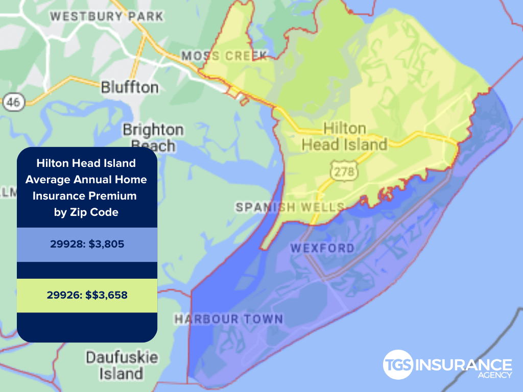 map showing average home insurance premiums by zip code in Hilton Head Island, South Carolina