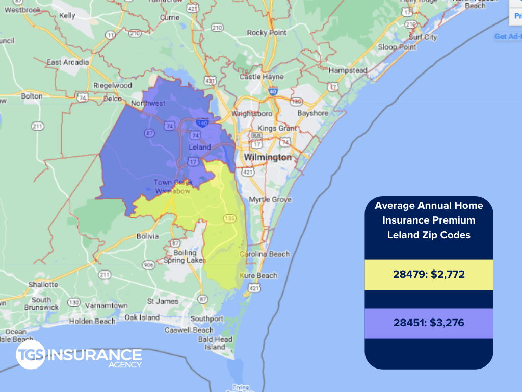 zip code map of home insurance prices in leland NC
