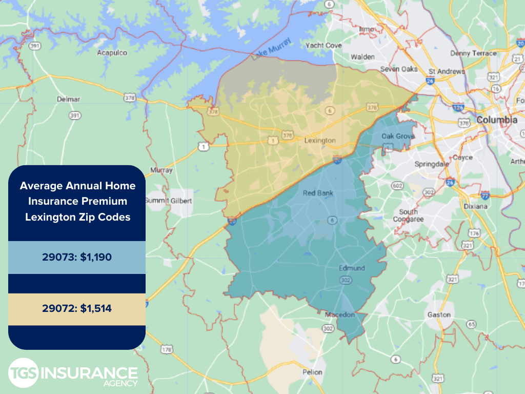 map showing average home insurance premiums by zip code in Lexington, South Carolina