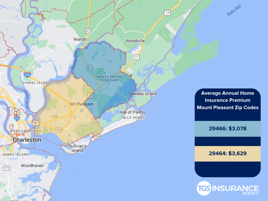 map of Mount Pleasant, South Carolina, with overlay of average home insurance premiums by zip code