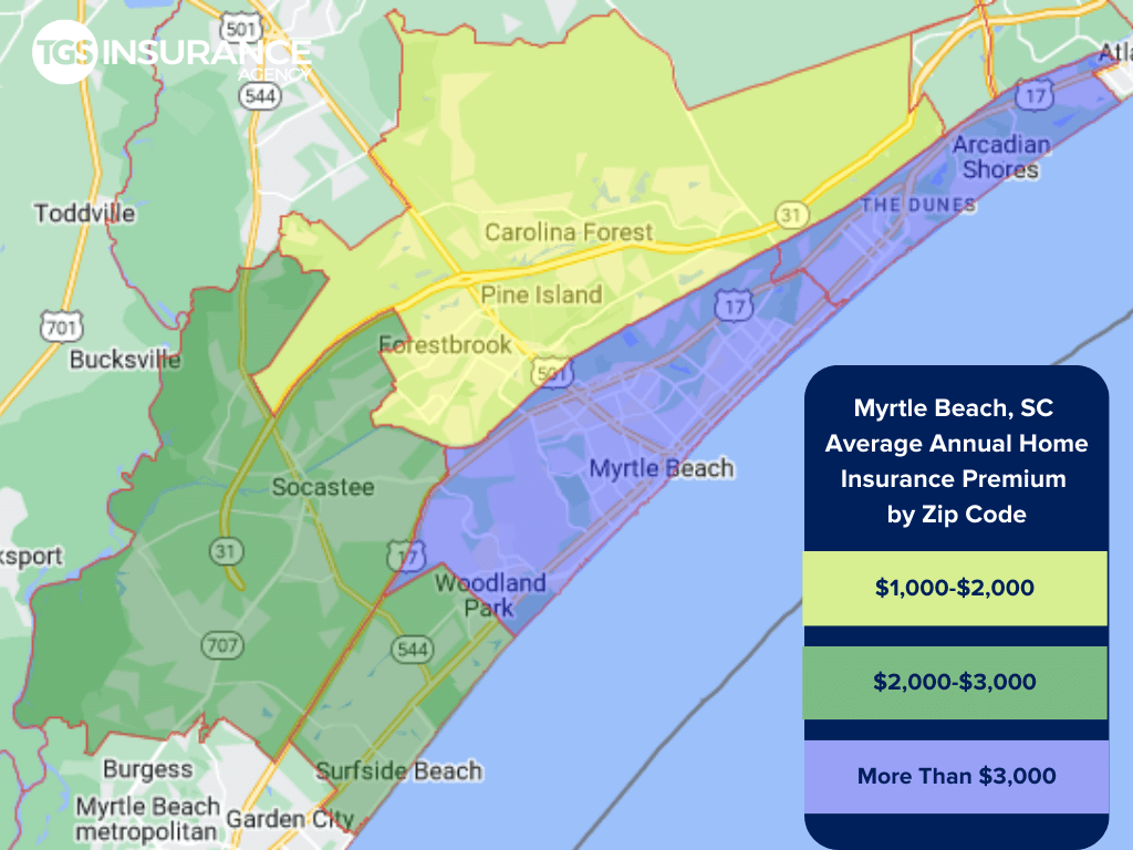 map showing average home insurance premiums by zip code in Myrtle Beach, South Carolina