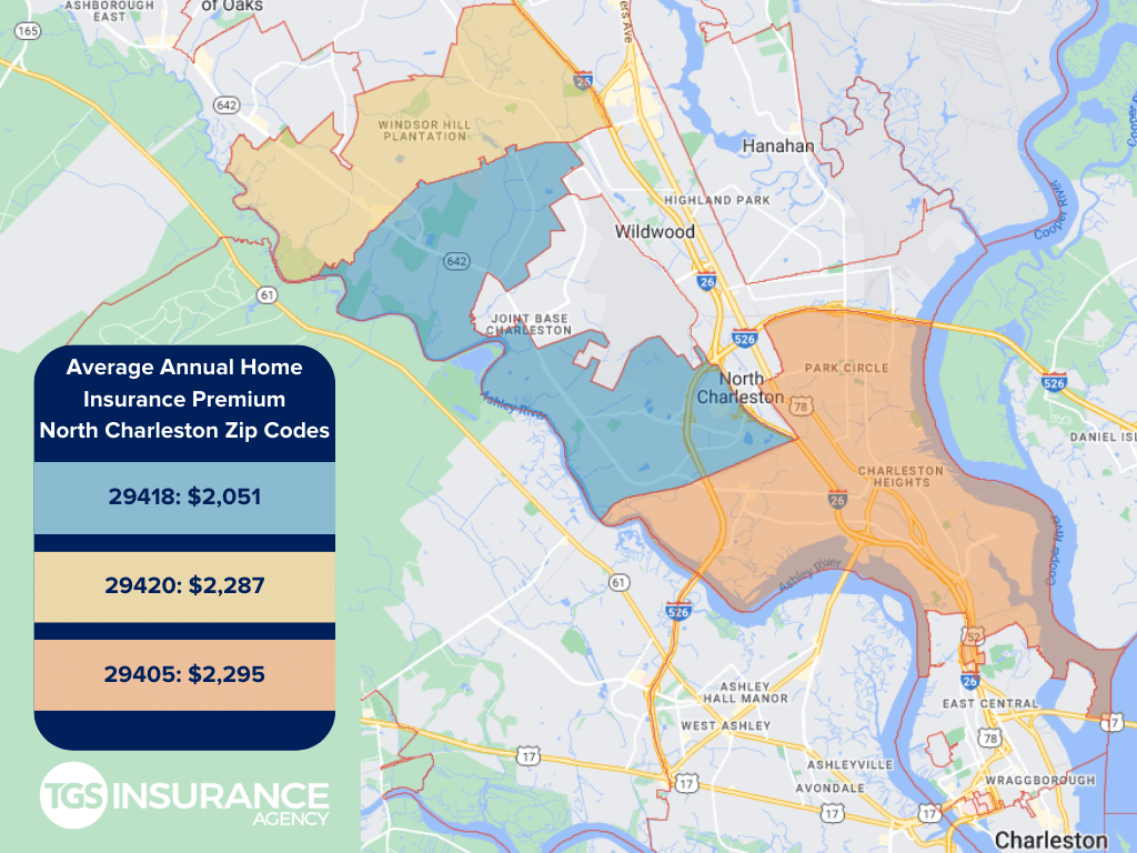 North Charleston, South Carolina, map with average home premiums by zip code