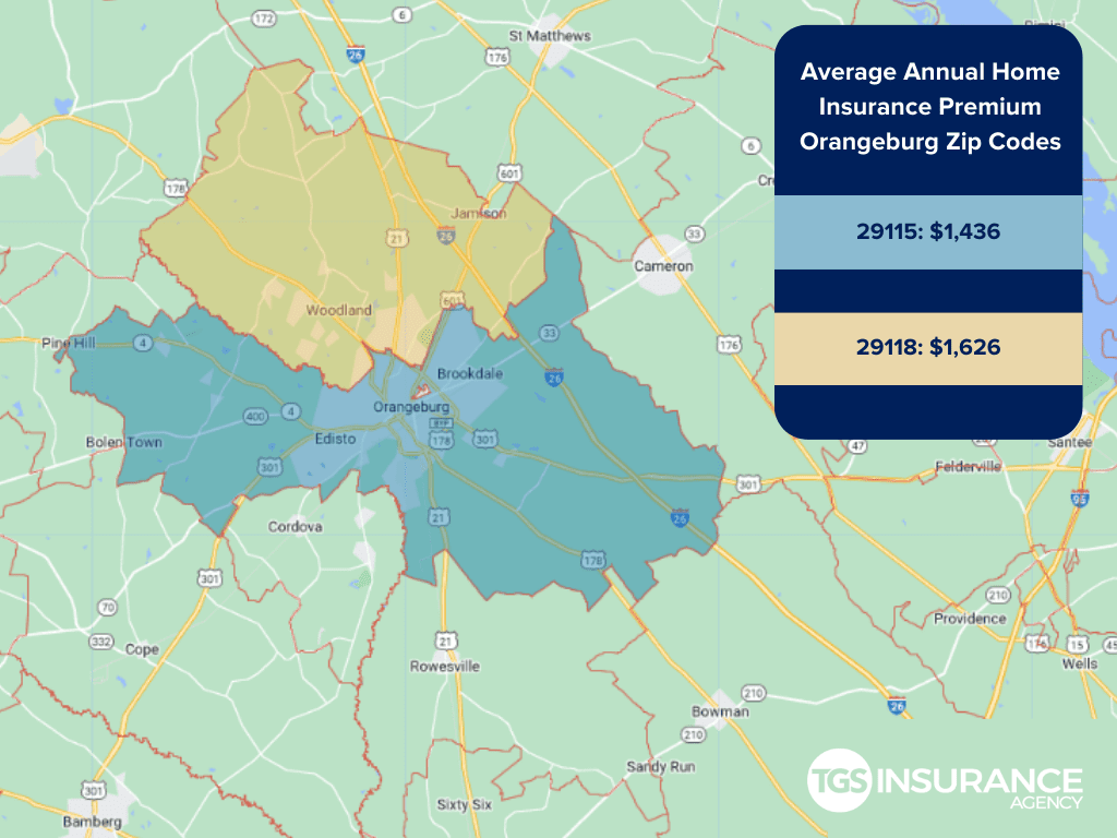 map showing average home insurance premiums by zip code in Orangeburg, South Carolina