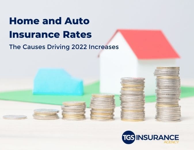 increasing home and auto insurance rates represented by an image of a house and a car with a series of stacks of coins