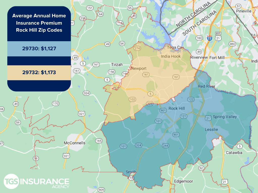 map of Rock Hill, SC with overlay of average homeowners insurance premiums by zip code