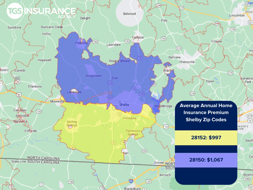Shelby NC Zip Code Map for Home insurance prices