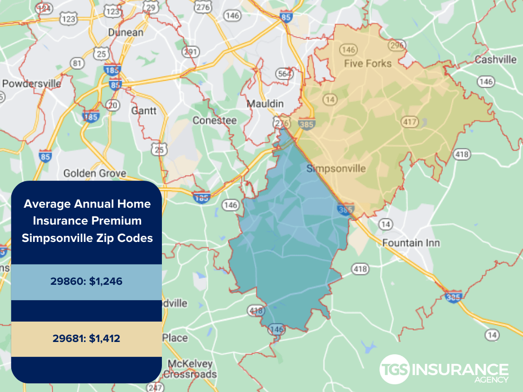 map showing average home insurance premiums by zip code in Simpsonville, South Carolina