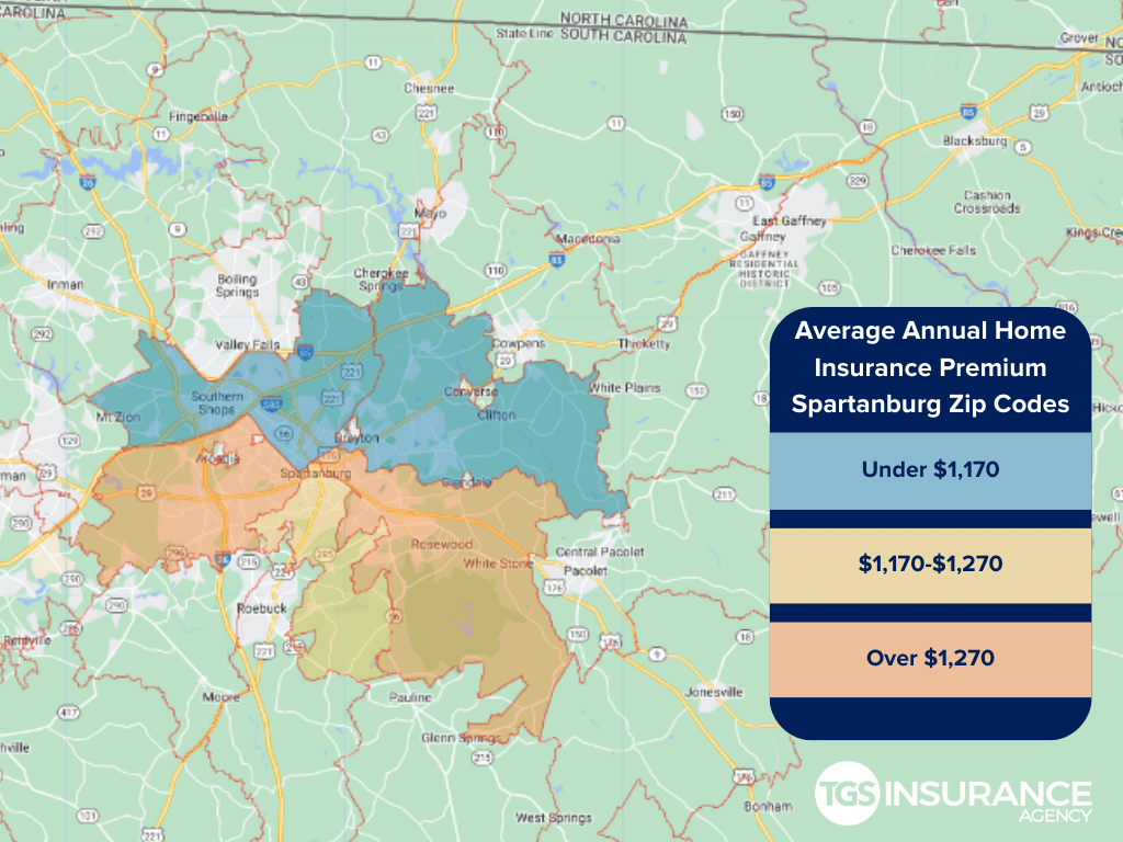 map showing average home insurance premiums by zip code in Spartanburg, South Carolina