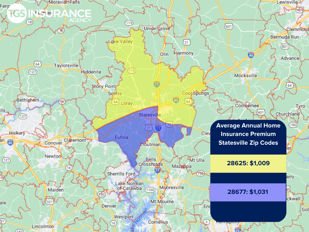 Statesville ZIP Code Map for cost of home insurance