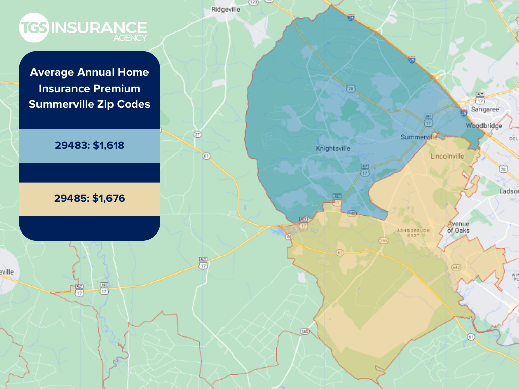 map showing average home insurance premiums by zip code in Summerville, South Carolina