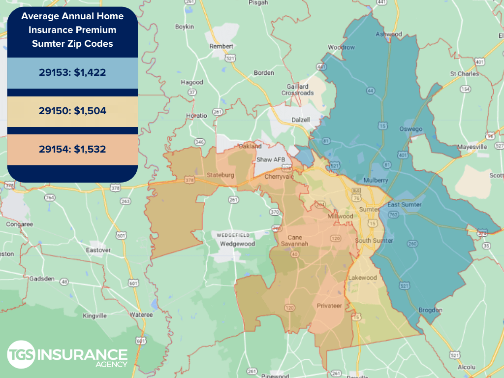 map showing average home insurance premiums by zip code in Sumter, South Carolina