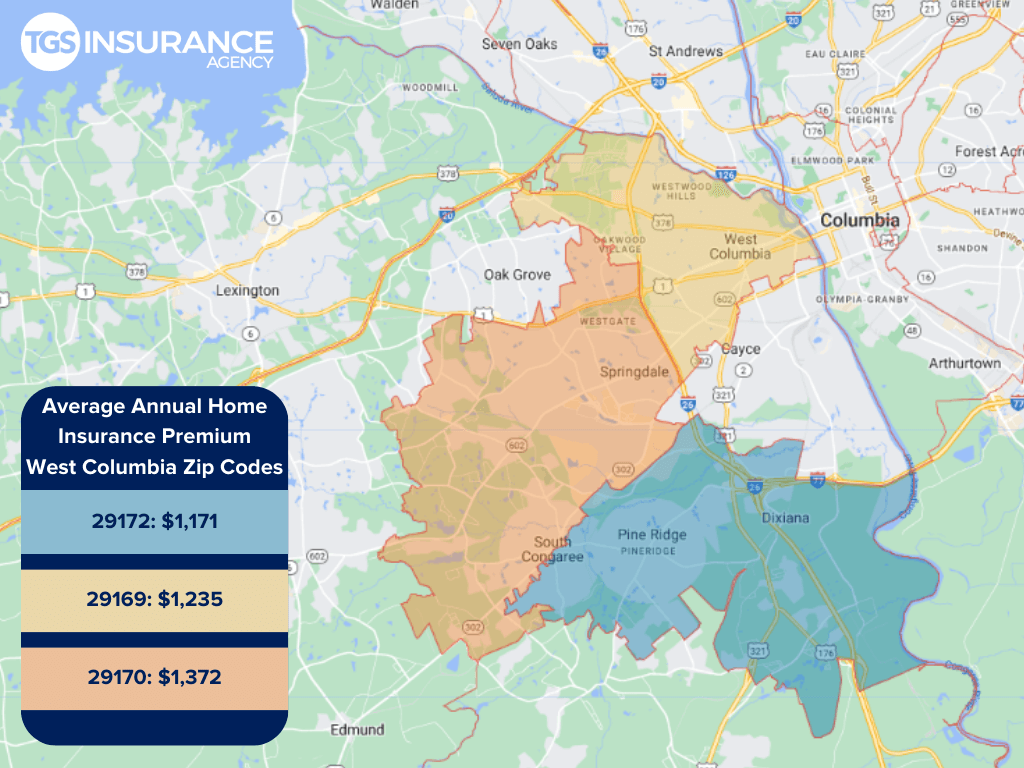 map showing average home insurance premiums by zip code in West Columbia, South Carolina
